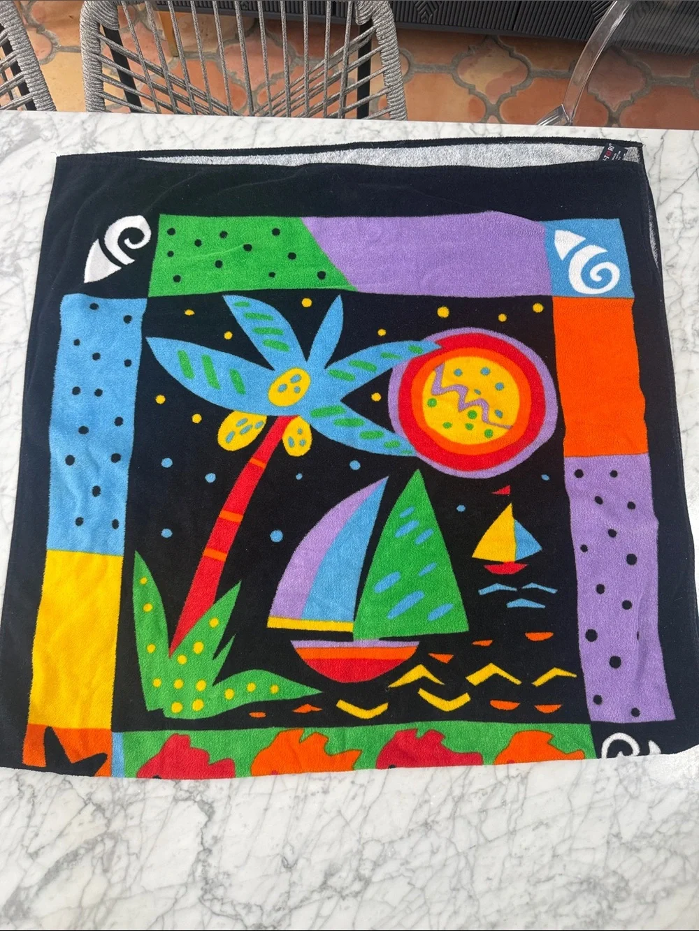 Terri-Torri Colorful Nautical Beach Towel with Sailboat and Sea Motifs NWOT